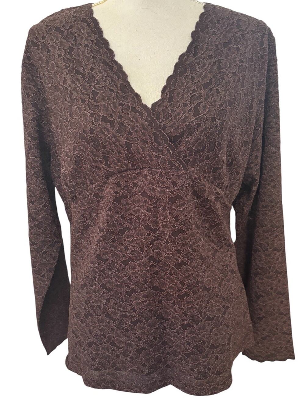 Coldwater Creek Womens XL Brown Lace V-Neck Faux Wrap lined Top NWT
